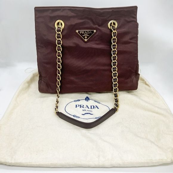 Prada Handbags - Vintage Prada Tessuto Nylon Chain Shoulder Bag in Burgundy